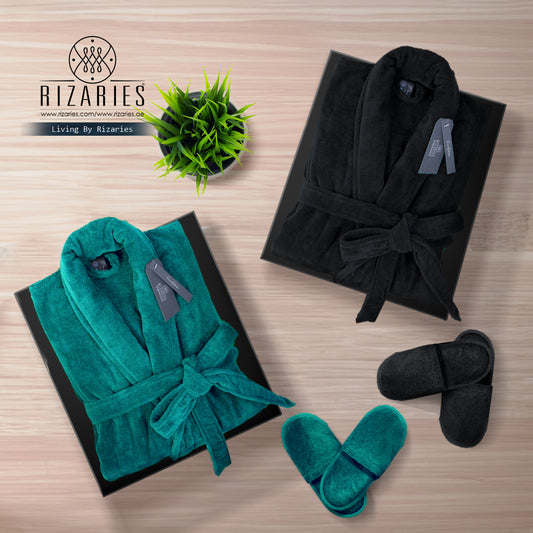 Couple Set Teal & Black (2 Velour Bathrobe, 2 Velour Slippers)