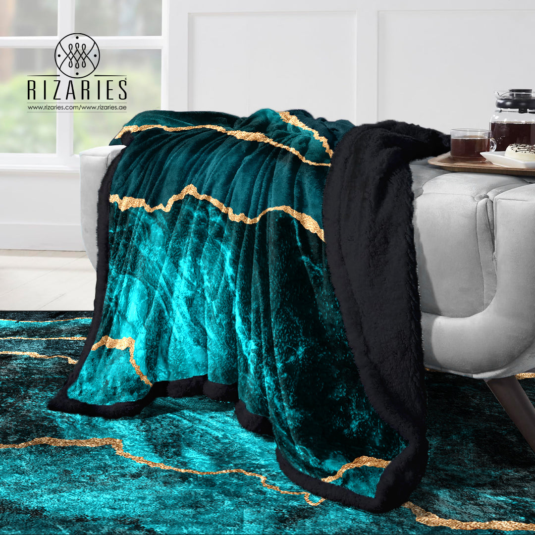 Soft Teal Blue Gold Sofa Blanket Throw