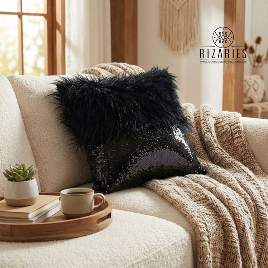 Monster fur & Sequence Black Throw Pillow