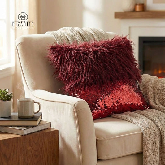 Monster fur & Sequence Burgundy Throw Pillow