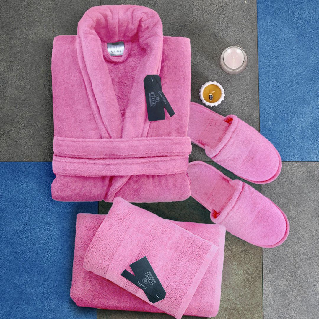 Set of 4 (Velour Bathrobe, Velour Slippers, Set of 2 Towels)