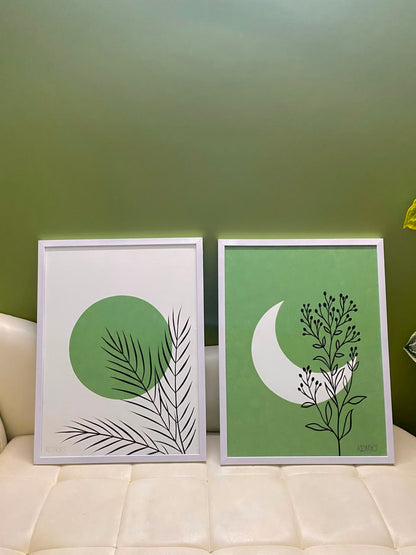 Two Pieces Green White Handmade Canvas Painting