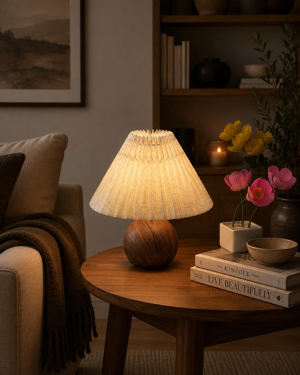 Wooden Table Lamp with Pleated Fabric Shade