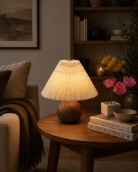 Wooden Table Lamp with Pleated Fabric Shade