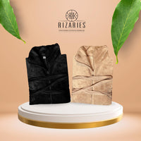 Thumbnail for Couple Bathrobe Set Black & Beige (2 Fleece Bathrobe)