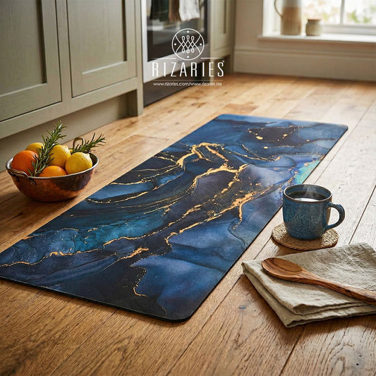 Midnight Blue Gold Marble Kitchen Mat