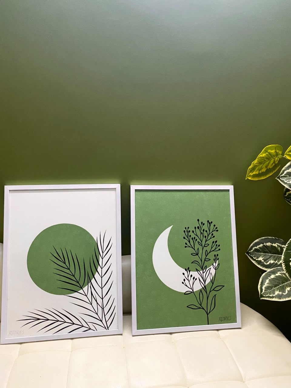 Two Pieces Green White Handmade Canvas Painting