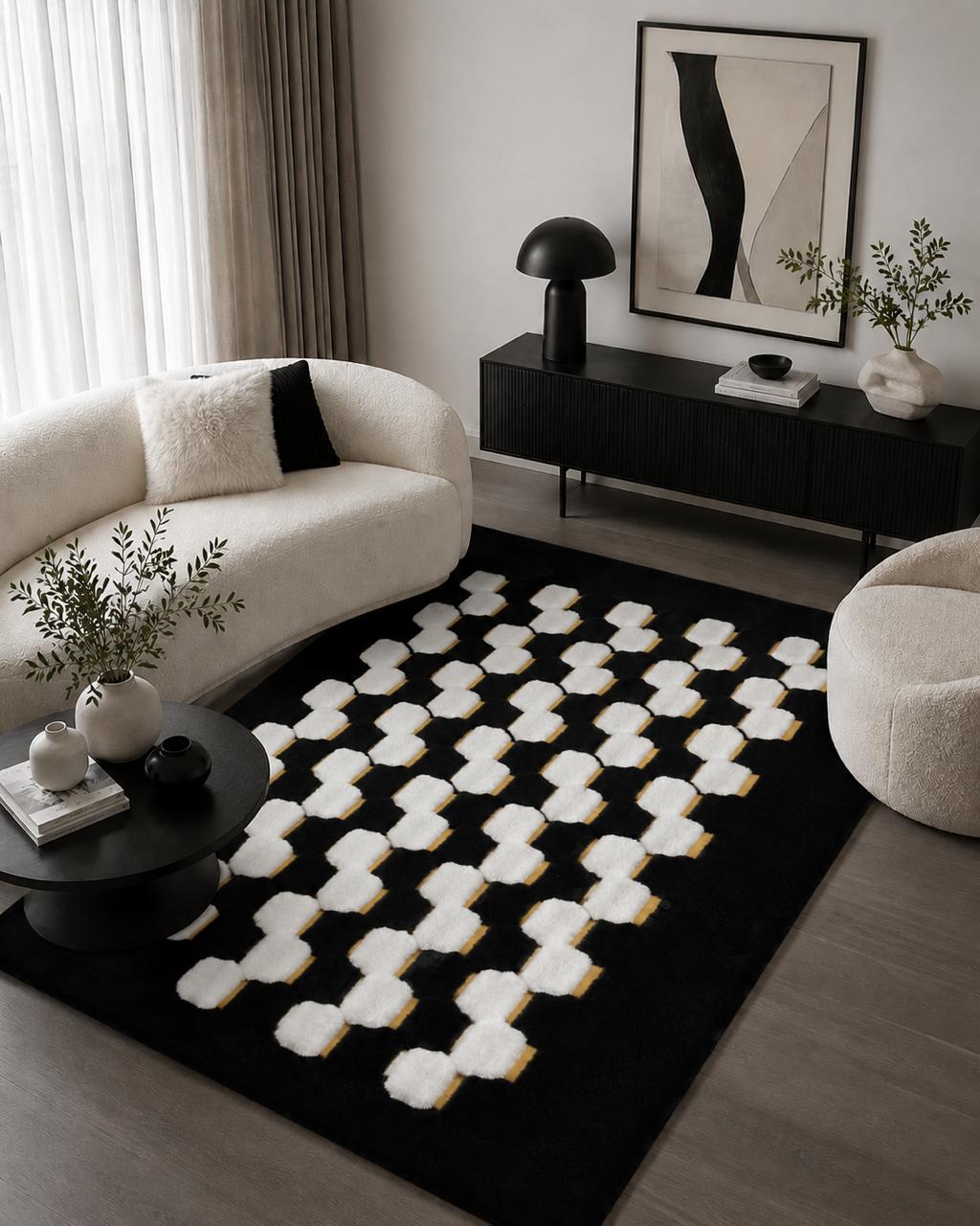SuperSoft Black White Gold Chain Fur Centerpiece (Rug)