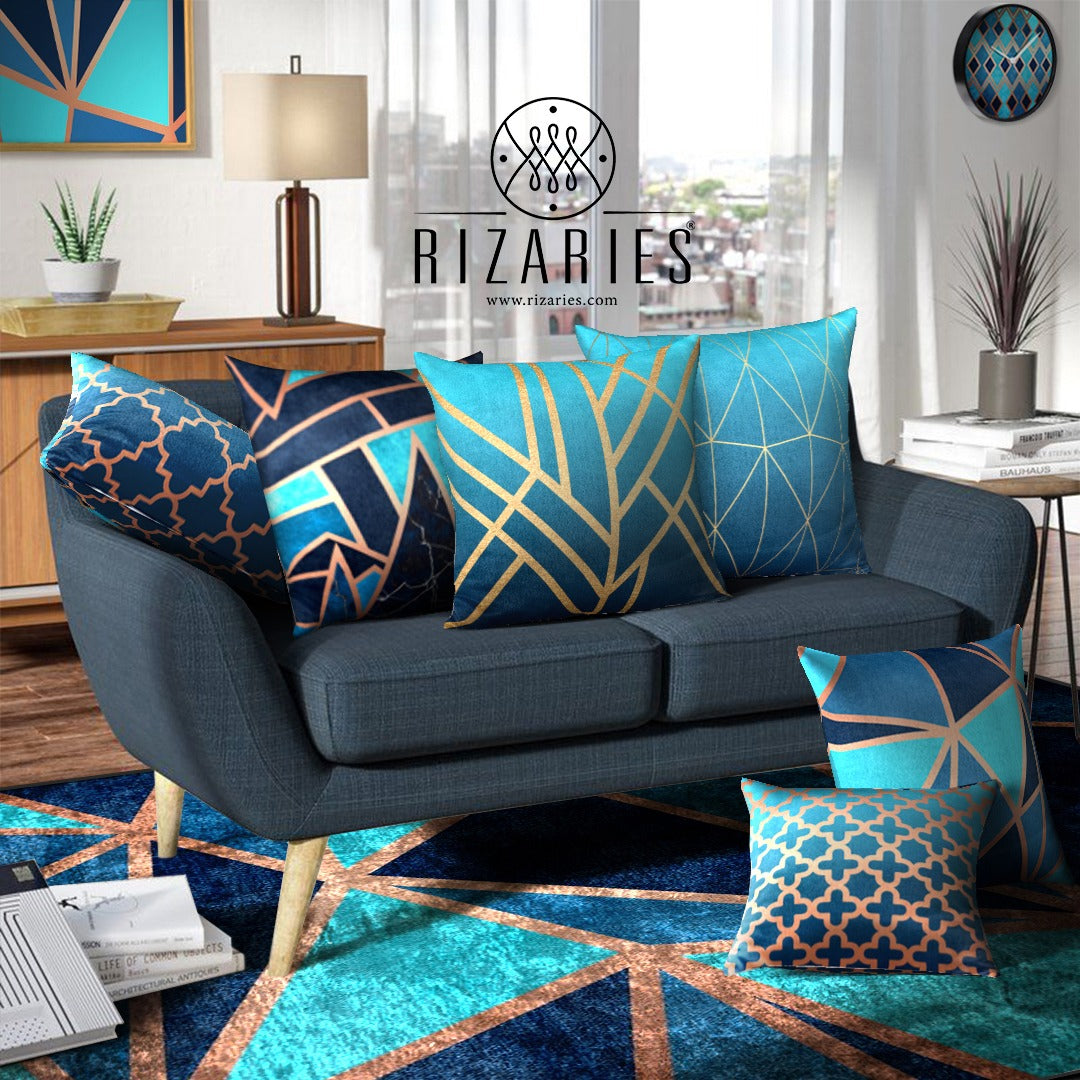 Teal Metallic Throw Cushions Set of 6