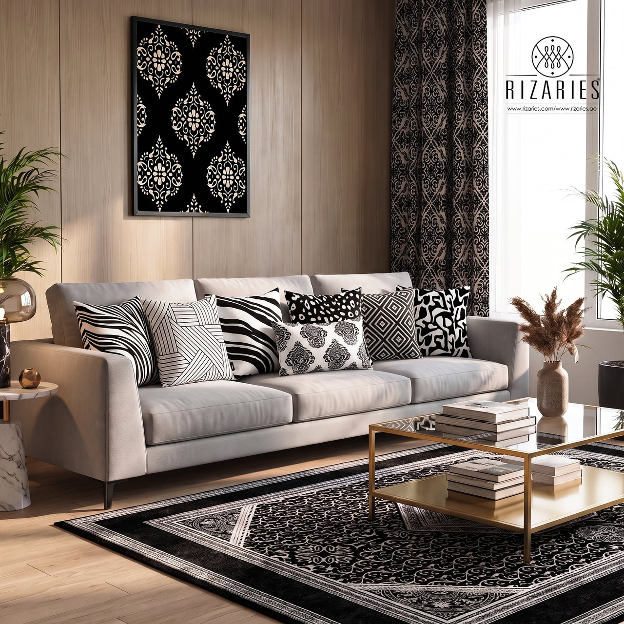 Traditional Black White Throw Cushions Set of 6