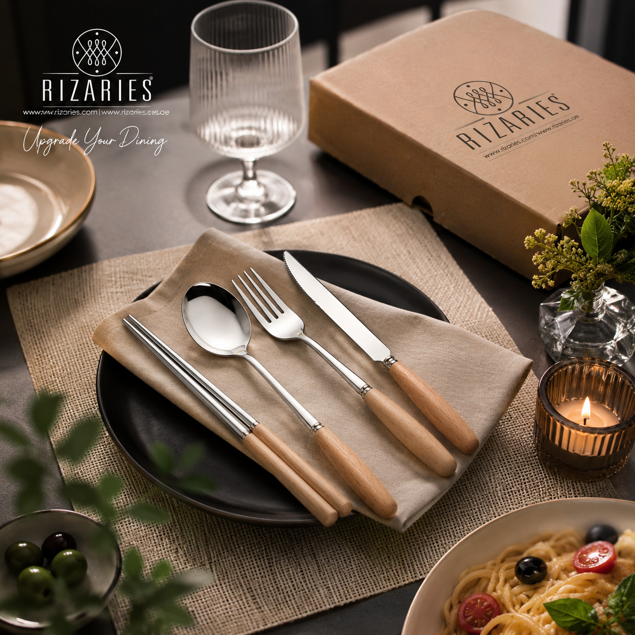 Wood pattern with Silver Cutlery Set
