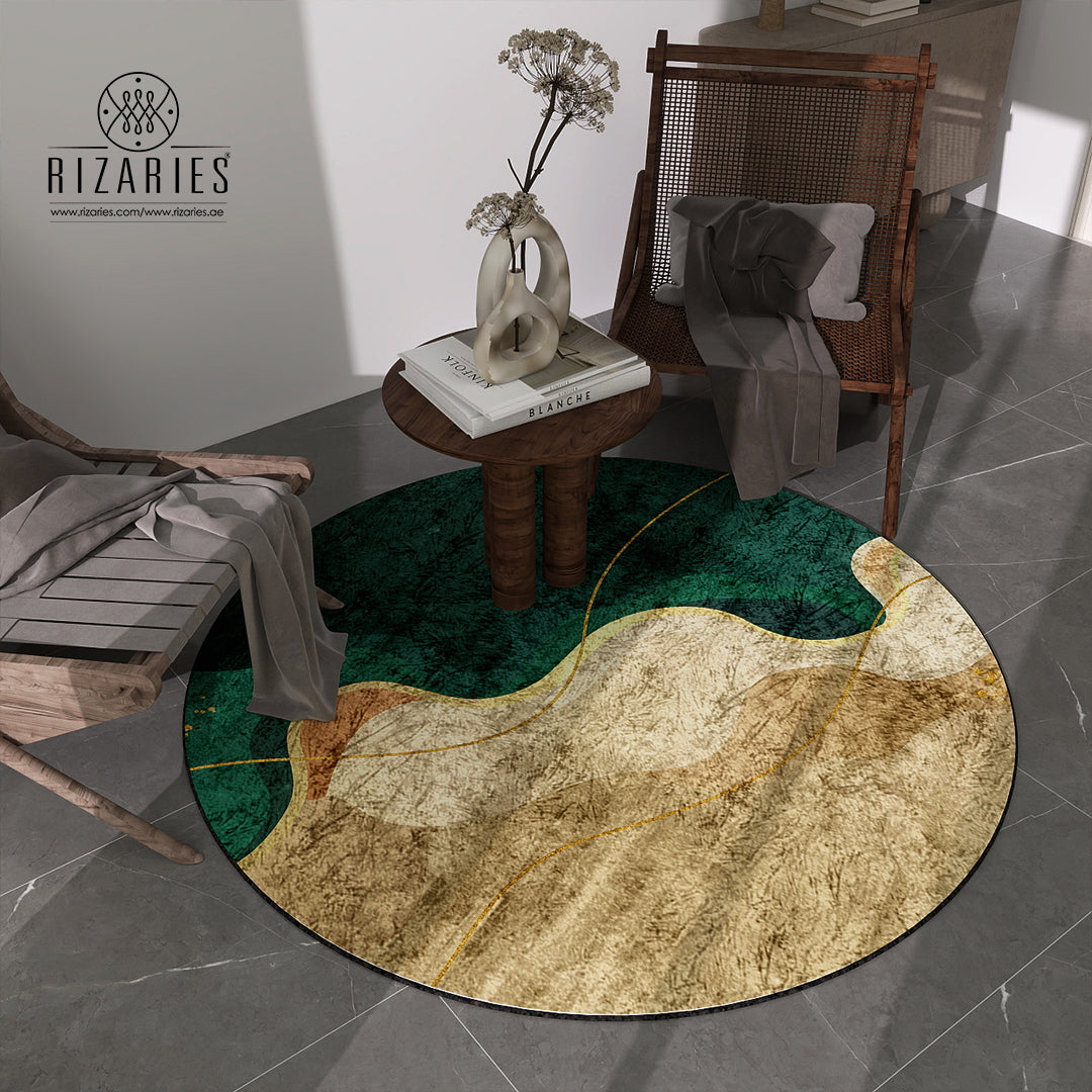 Beige Green Wavy Round Centerpiece (Rug)