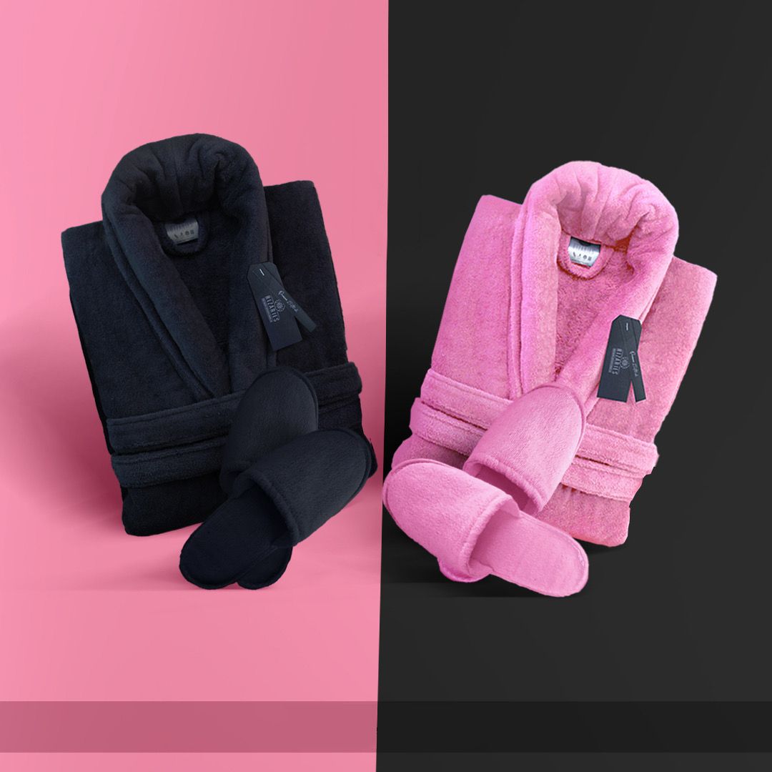 Couple Set Lite Pink & Black (2 Velour Bathrobe, 2 Velour Slippers)