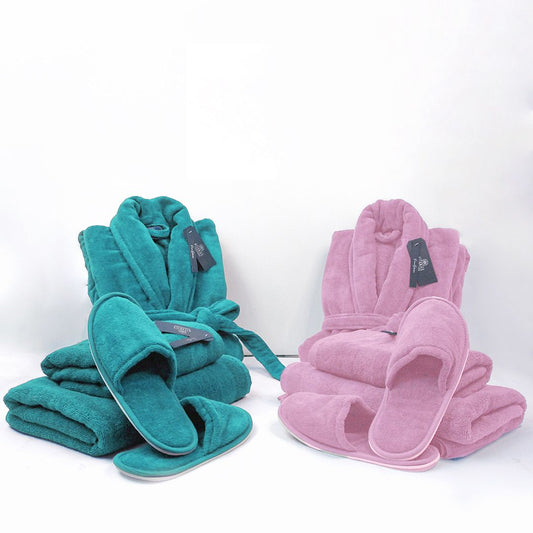 Couple Bathroom Set (2 Bathrobes with Slippers and 2 Towel Sets)