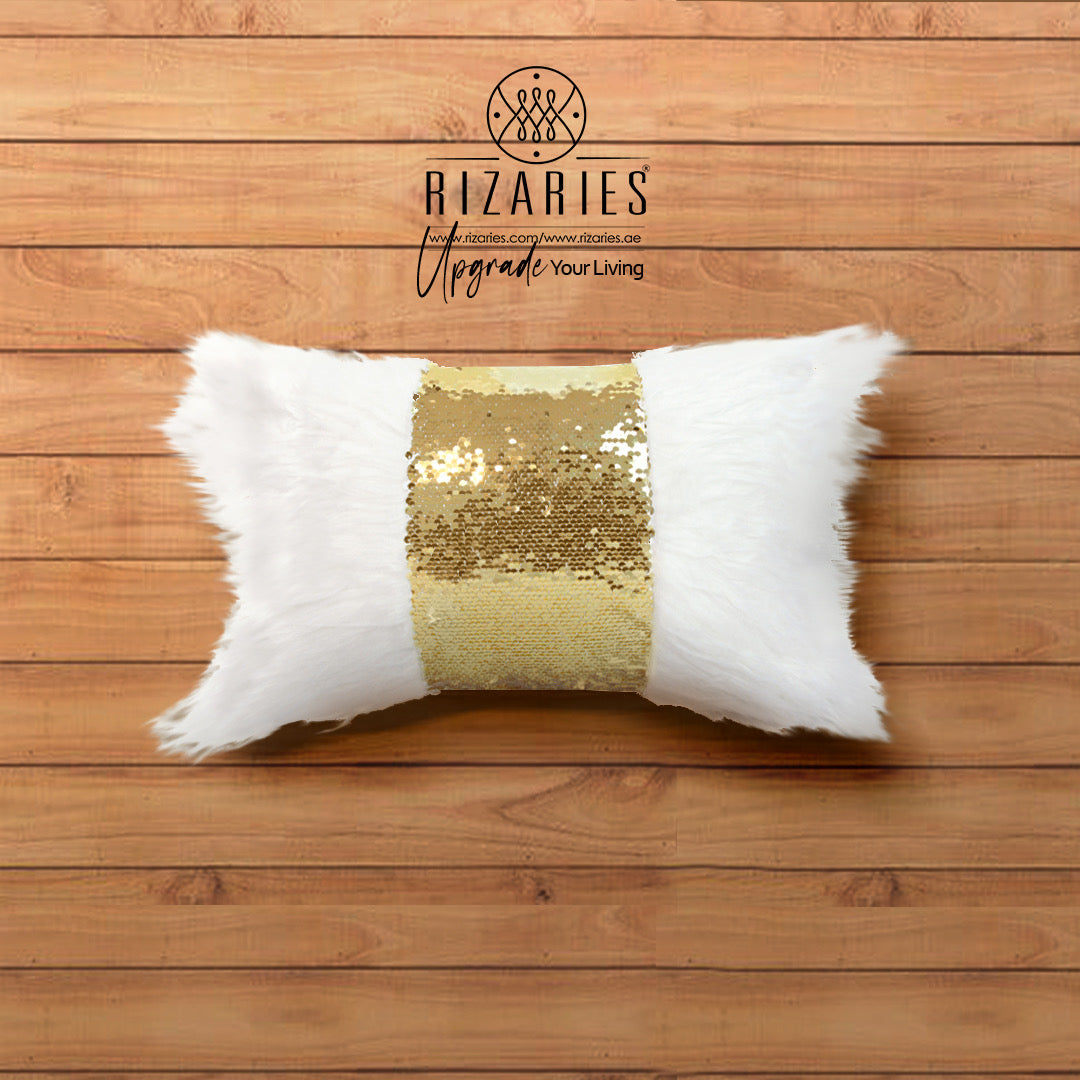 Rectangle Monster fur & Sequins White Gold Throw Pillow