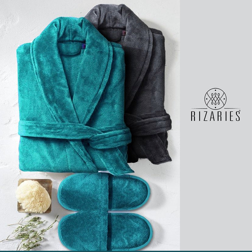 Couple Set Teal & Grey (2 Velour Bathrobe, 2 Velour Slippers)