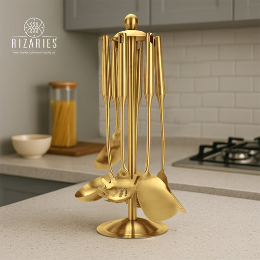 Gold Utensil Set with Stand (6 Pieces Set)