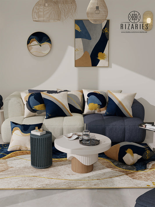 Navy Beige Wavy Throw Cushions Set of 6