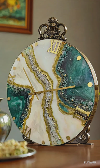 Epoxy Shiny Resin Teal Gold Wall Clock