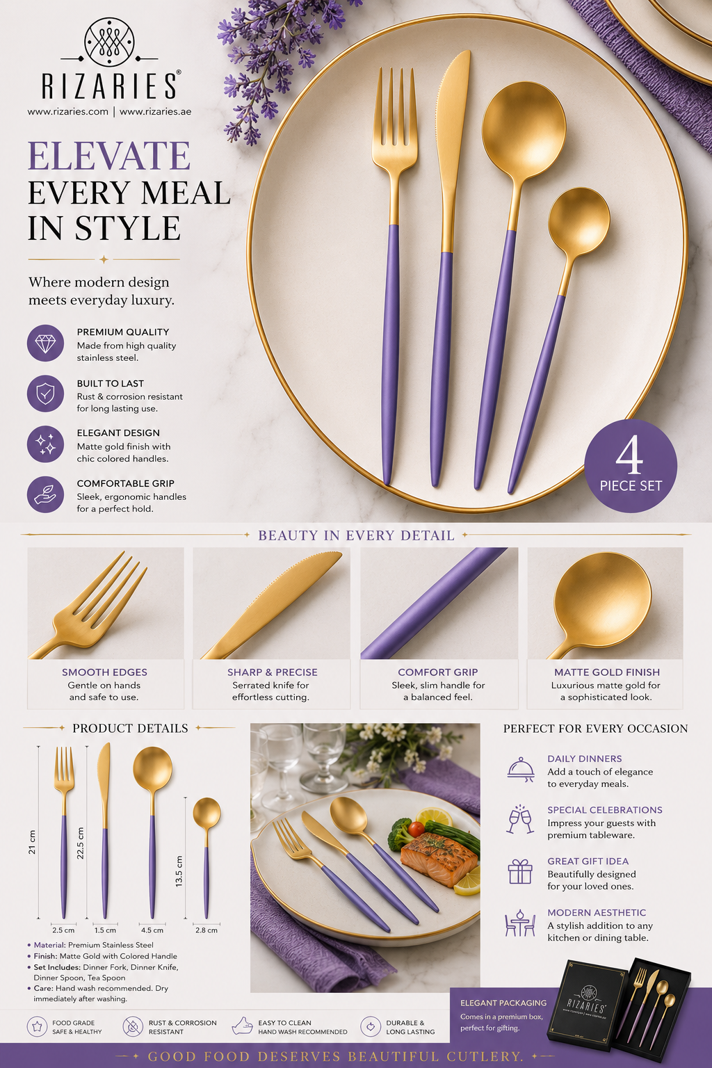 Matt Gold & Purple Cutlery Set