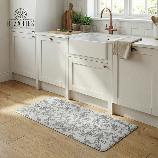 Grey Floral Print Kitchen Mat