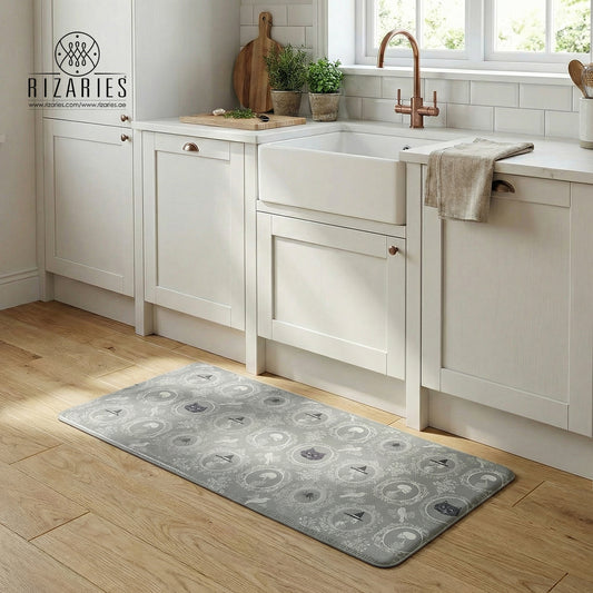 Grey Floral Print Kitchen Mat