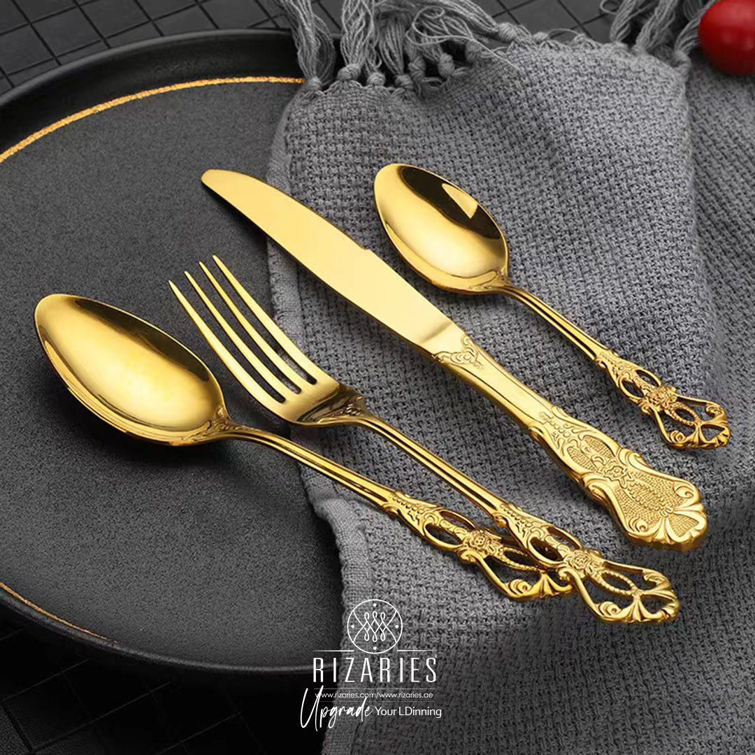 New Carving Gold Cutlery Set