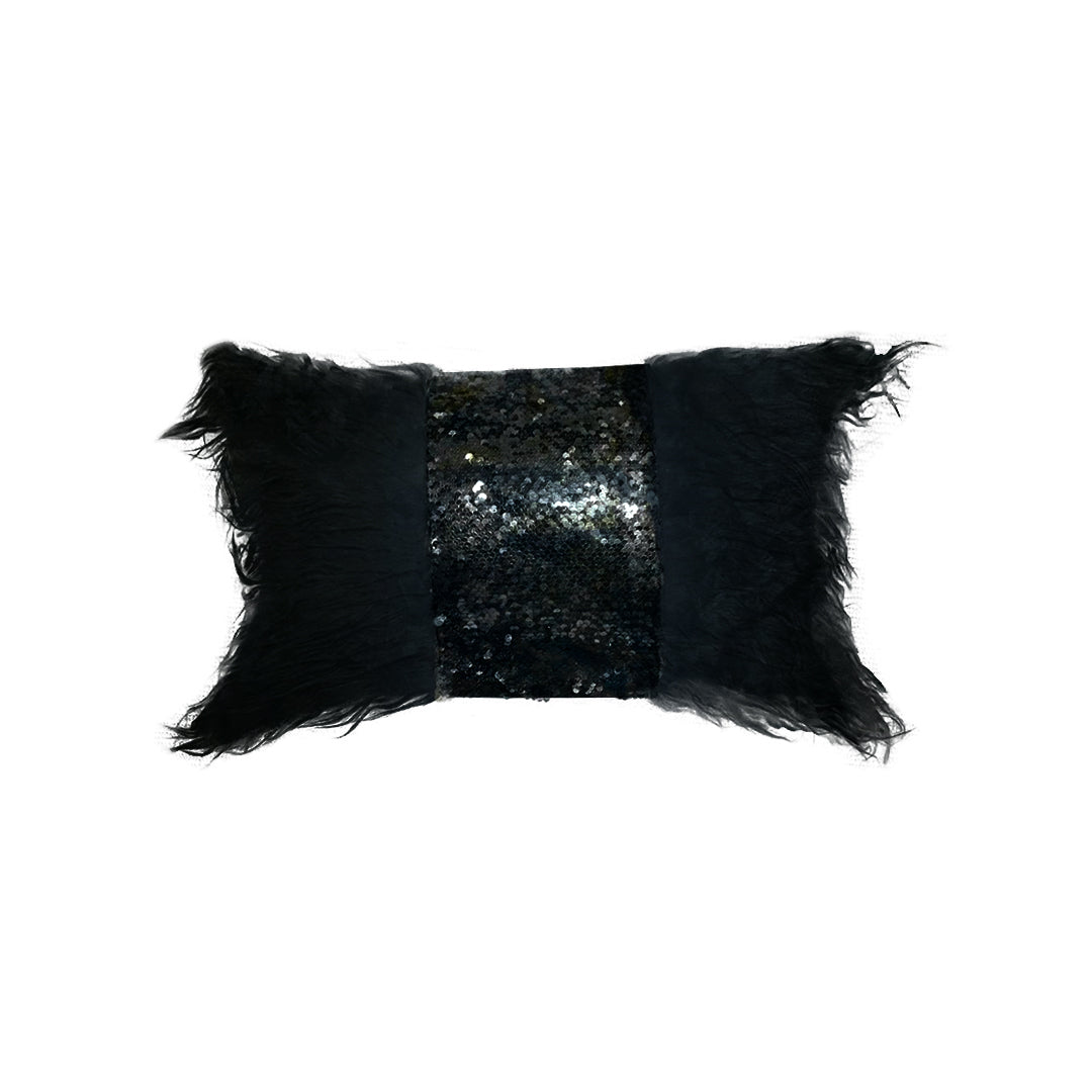 Rectangle Monster fur & Sequence Black Throw Pillow