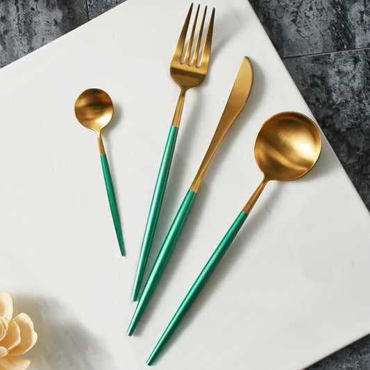 Matt Gold & Light Green Cutlery Set