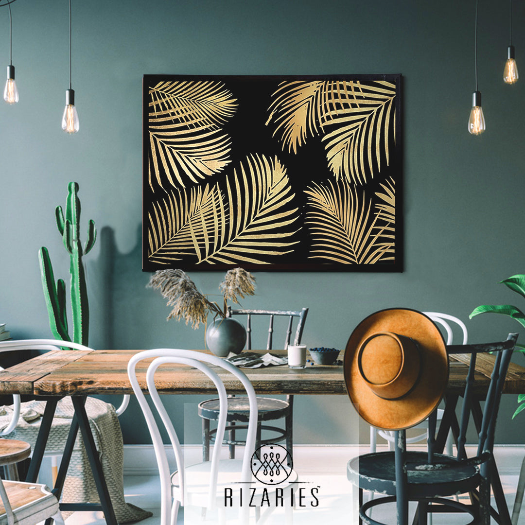 Gold Leaves on Black Canvas Painting