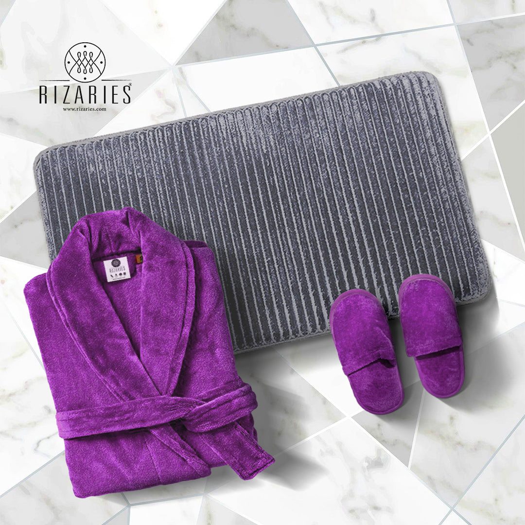 Set of 3 Purple(Velour Bathrobe, Velour Slippers, Bathmat)