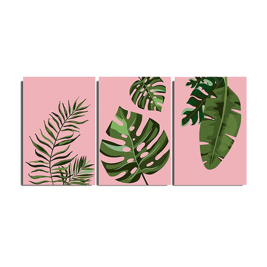 Three Pieces Tropical Leaves Pink Handmade Canvas Painting