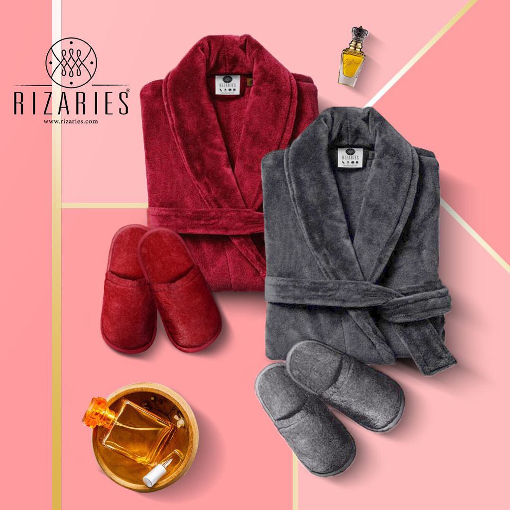 Couple Set (2 Velour Bathrobe, 2 Velour Slippers)