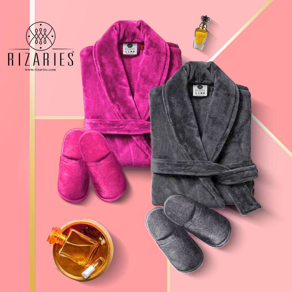 Couple Set Dark Pink & Grey (2 Velour Bathrobe, 2 Velour Slippers)