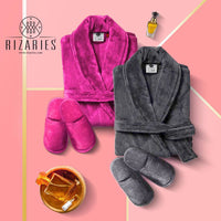 Thumbnail for Couple Set Dark Pink & Grey (2 Velour Bathrobe, 2 Velour Slippers)
