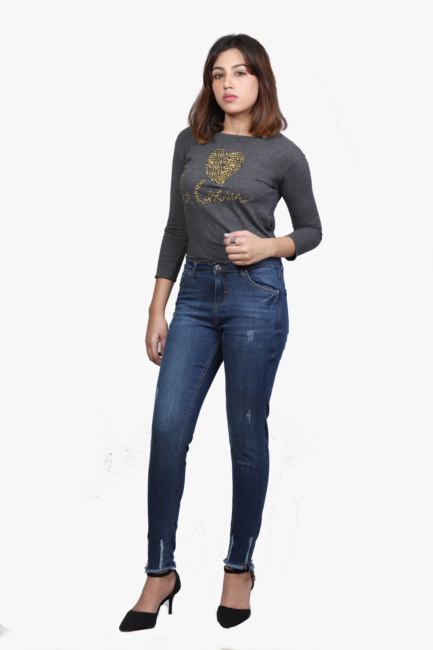 Asymmetric Hems Classic Blue Mid Rise Denim Jeans