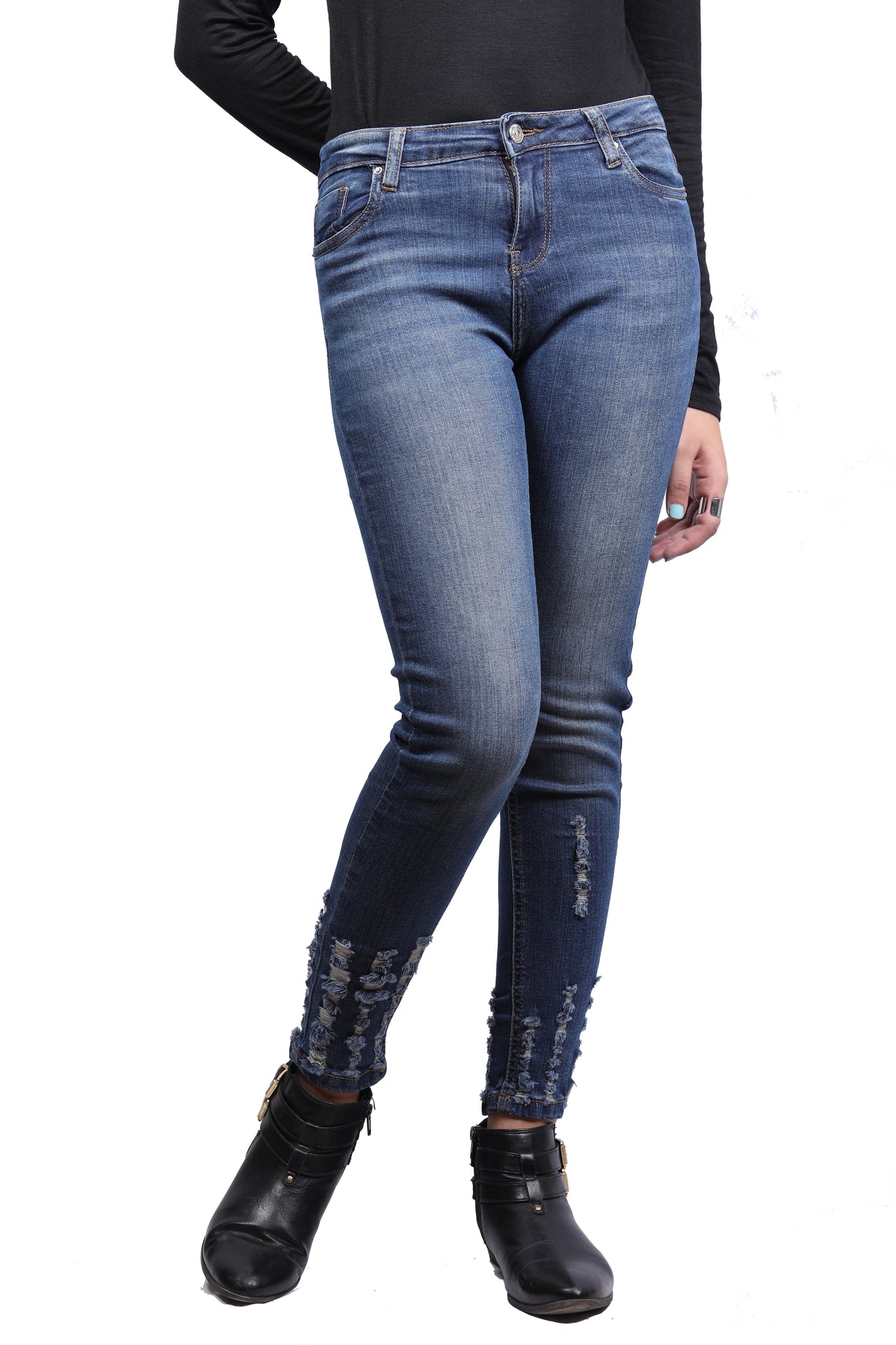 Ripped Detailing Faded Blue Mid Rise Denim Jeans