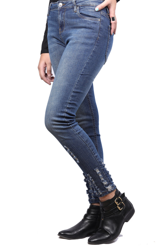 Ripped Detailing Faded Blue Mid Rise Denim Jeans