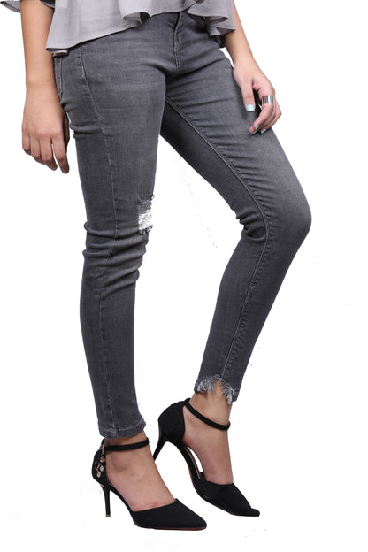 Frayed Hem Grey Mid Rise Ankle Denim Jeans