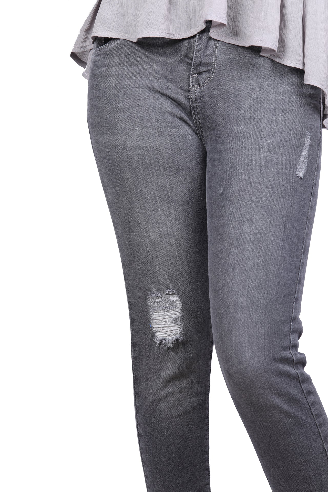 Frayed Hem Grey Mid Rise Ankle Denim Jeans