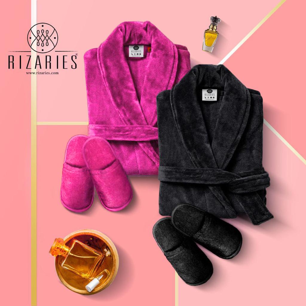 Couple Set Dark Pink & Black (2 Velour Bathrobe, 2 Velour Slippers)