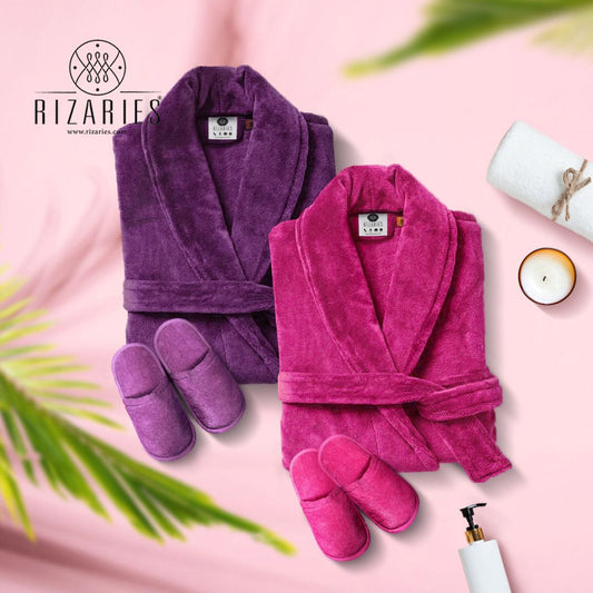 Couple Set Dark Pink & Purple (2 Velour Bathrobe, 2 Velour Slippers)