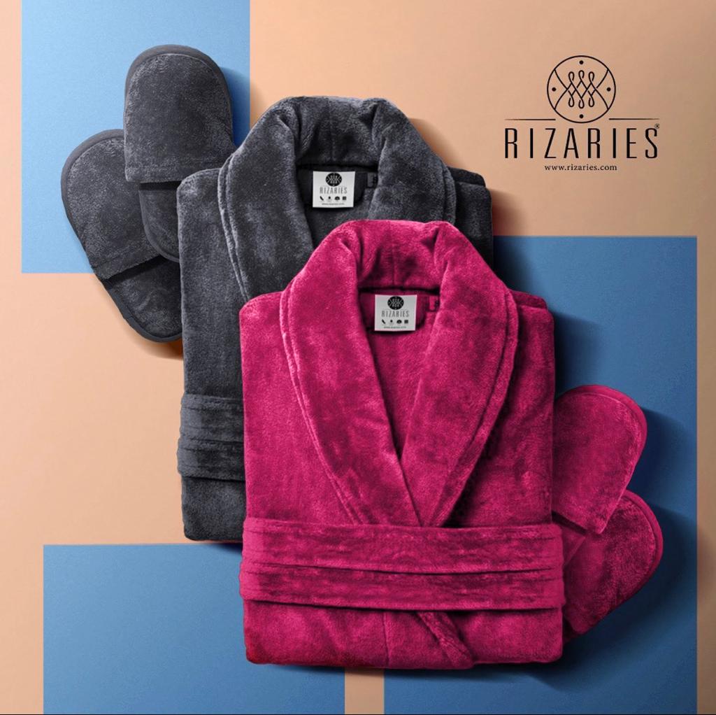 Couple Set Dark Pink & Grey (2 Velour Bathrobe, 2 Velour Slippers)