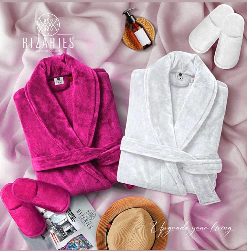 Couple Set Dark Pink & White (2 Velour Bathrobe, 2 Velour Slippers)