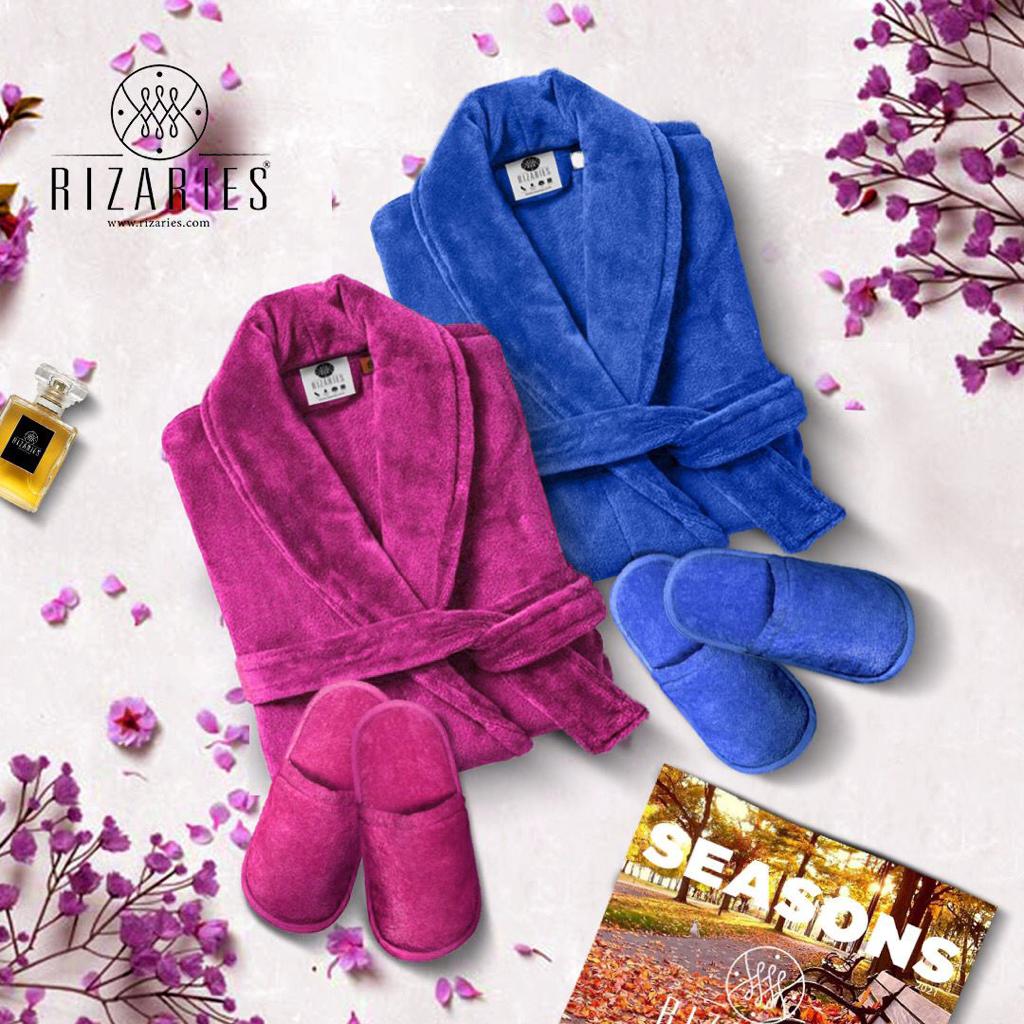 Couple Set Dark Pink & Blue (2 Velour Bathrobe, 2 Velour Slippers)