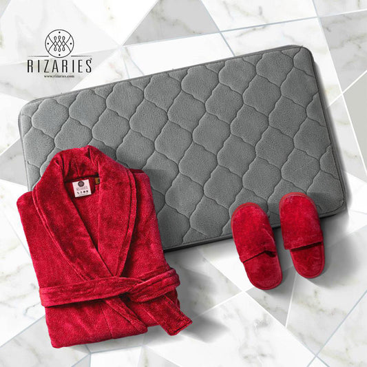 Set of 3 Chilly Red (Velour Bathrobe, Velour Slippers, Bathmat)