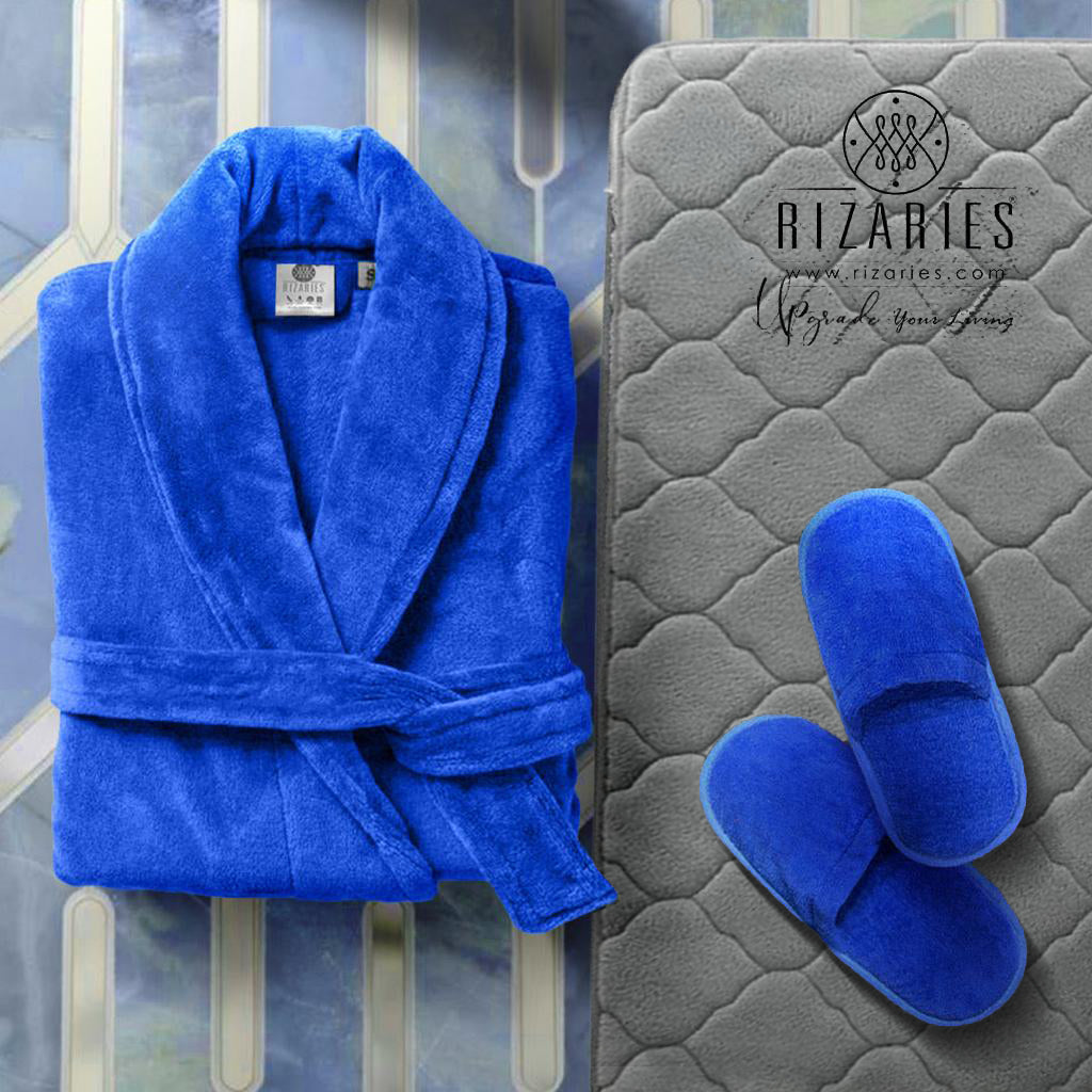 Set of 3 Blue (Velour Bathrobe, Velour Slippers, Bathmat)