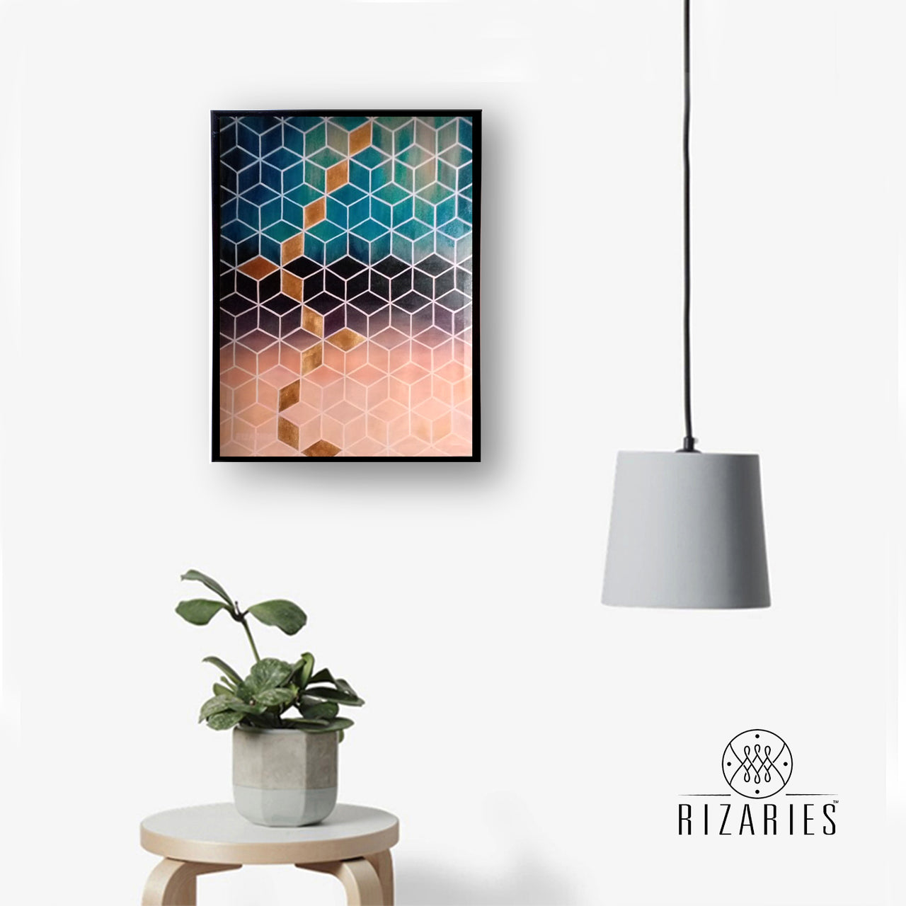 Emerald & Copper Cubes Canvas Painting